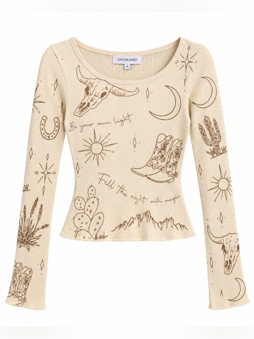 Daydreamer Western Celestial Graphic Waffle Knit Long Sleeve Top, Cream, Medium
